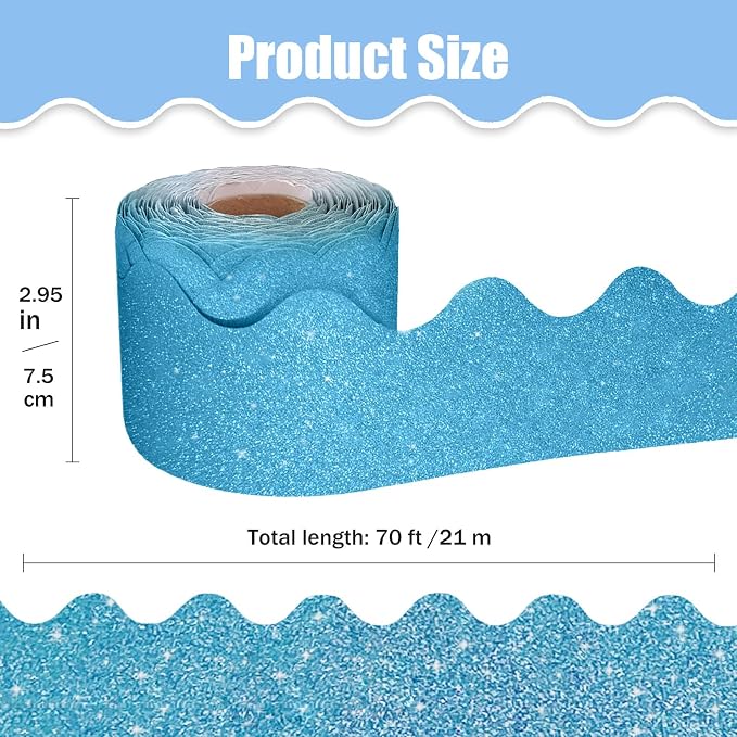 70Ft Shine Blue Bulletin Board Borders，Scalloped Poster Boards Decorations Trim
