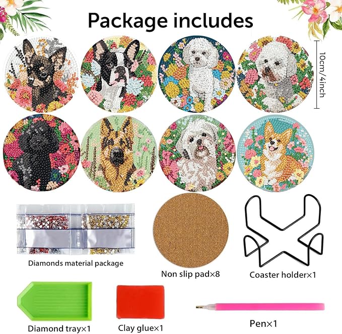 8 Pack Diamond Art Coasters, Dog Flowers Diamond Painting Coasters Kits | Dog