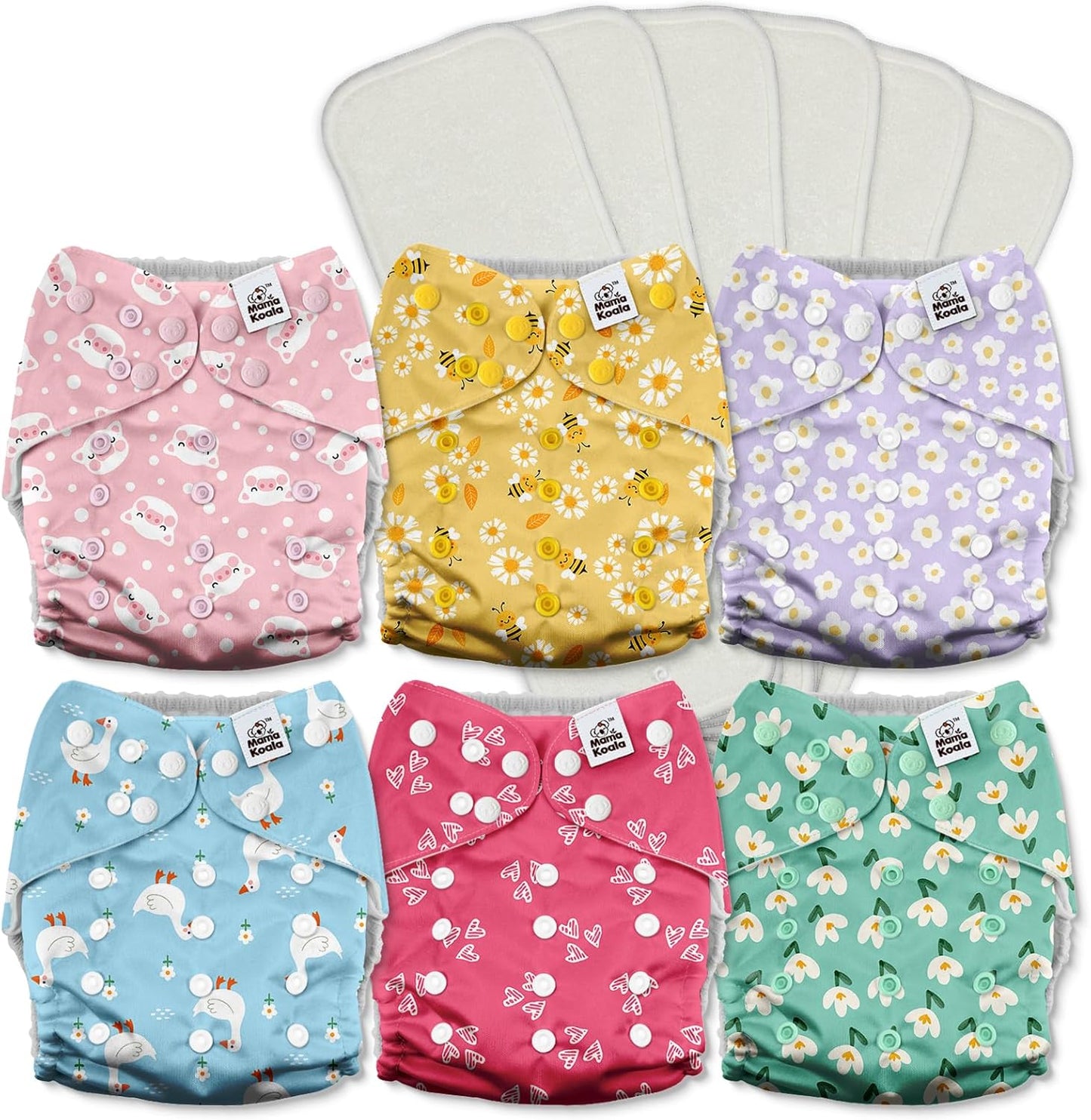 Mama Koala 3.0 Cloth Diapers for Babies with AWJ Lining, 6 Pack with 6 5-Layer Natural Cloth Diaper Inserts - Reusable and Washable Pocket Diapers(A-Flower Romance)