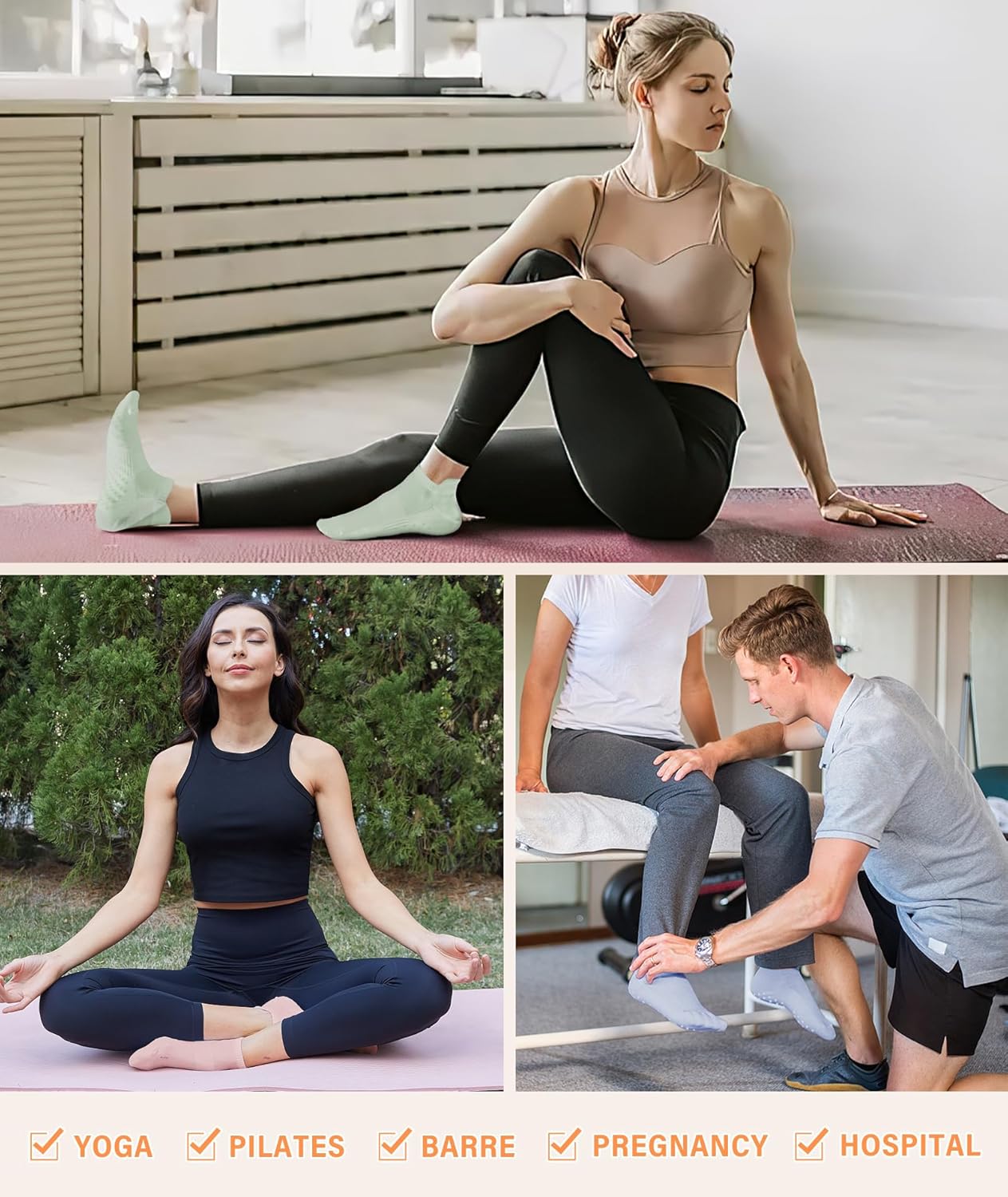 DIBAOLONG Pilates Socks with Grips for Women Yoga Socks Non Slip Barre Hospital Socks 6-Pairs Grippy Ankle Socks