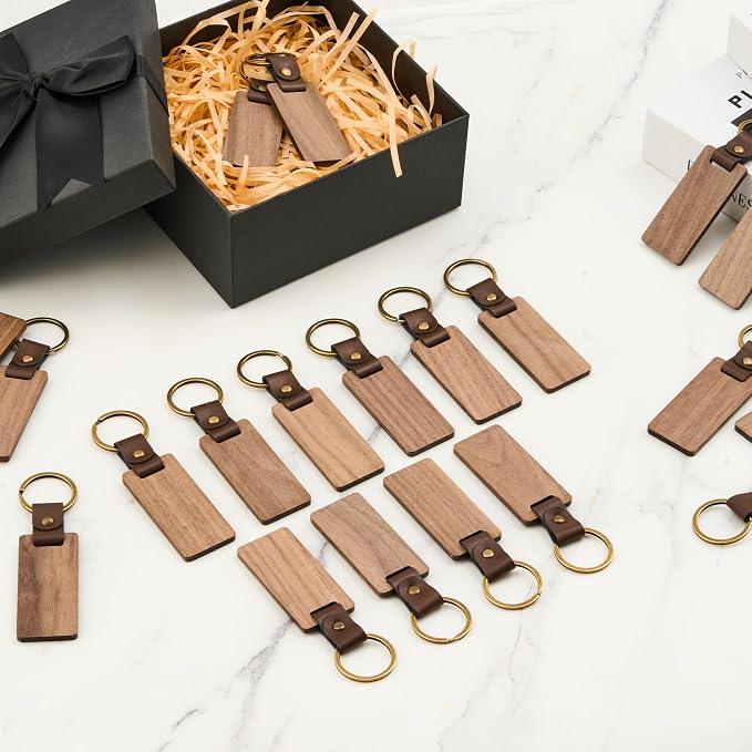OMTech Wooden Keychain Blanks, Wood Key Chain Bulk, Unfinished Wooden Key Rings