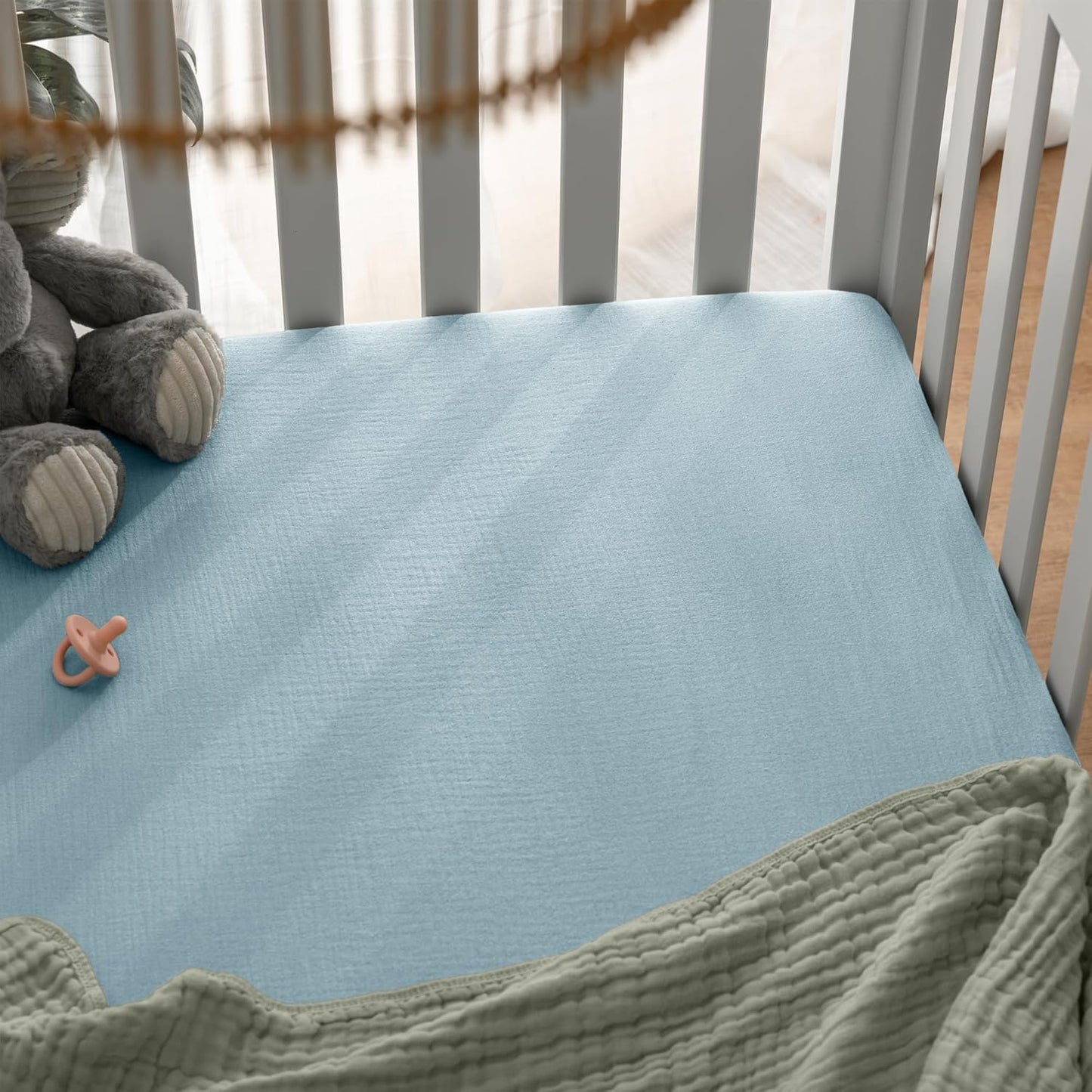 Comfy Cubs 100% Muslin Cotton Fitted Crib Sheet - Soft, Standard & Breathable Crib Sheets for Toddler Mattress - Snug Fit, Secure Elastic with Beautiful Packaging for Boys & Girls - Sky Blue