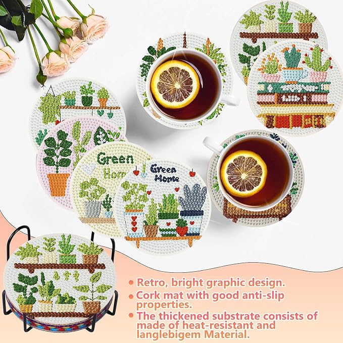 8 PCS Plant Diamond Art Coasters Kits | Diamond Paintings Coasters