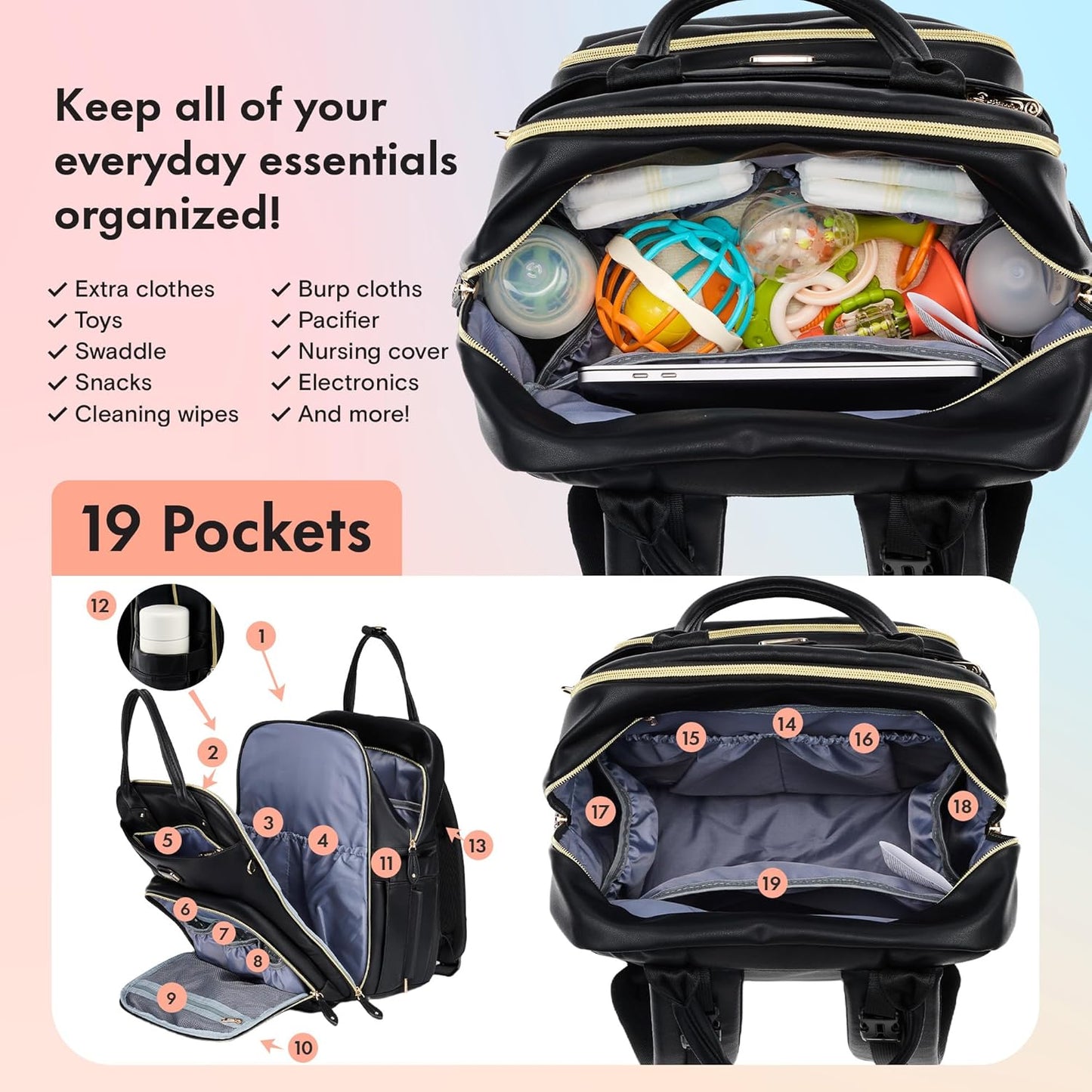 Dikaslon Leather Diaper Bag Backpack with Portable Changing Pad, Pacifier Case and Stroller Straps, Large Unisex Baby Bags for Boys Girls, Multipurpose Travel Back Pack for Moms Dads, Black
