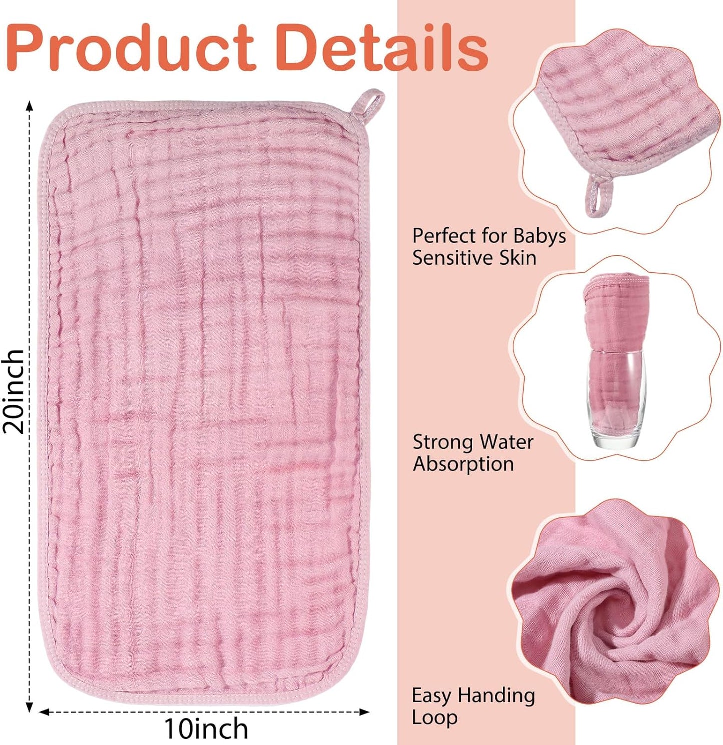 VitalCozy 6 Pcs Baby Muslin Hooded Bath Towels and Washcloths, 32 x 32 Inch Cotton Absorbent Blankets for Newborn Infant Shower Gift (Pink, Orange)