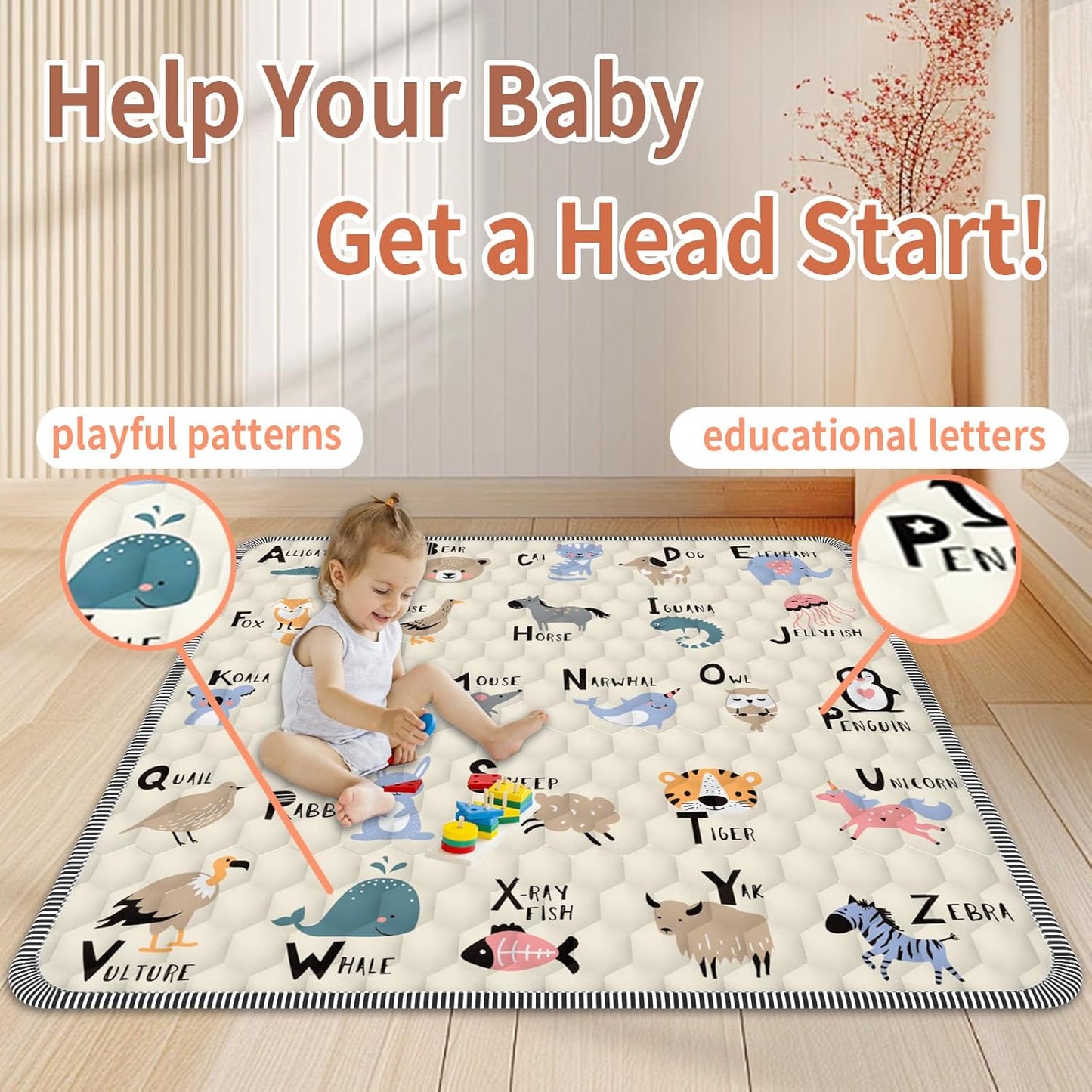 Baby Play Mat 59" X 59", Thickened Soft Floor Mat, Waterproof and Non-Slip Crawling Play Mat, Machine Washable Foldable Crawling Mat for Floor Playpen