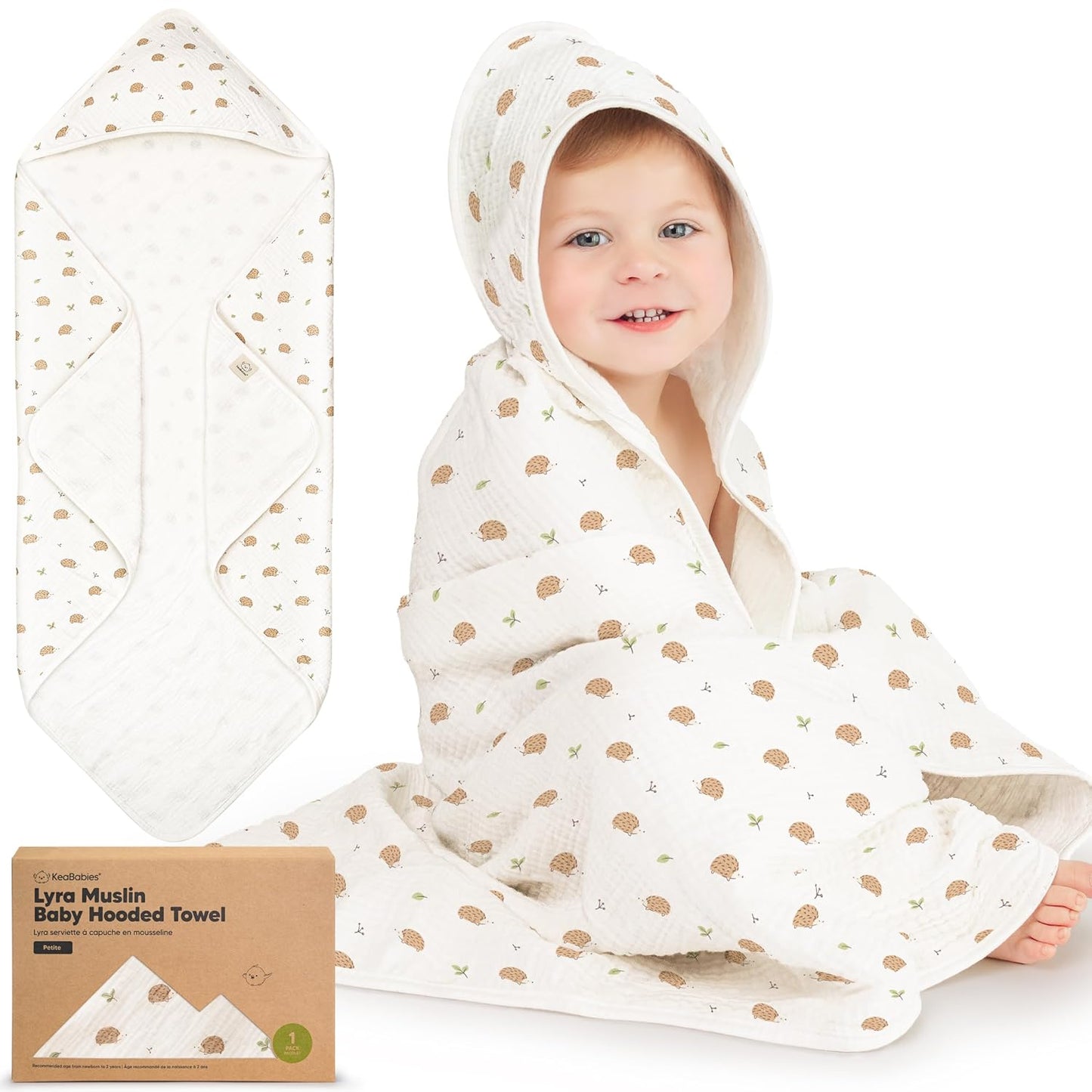 KeaBabies Muslin Baby Bath Towels with Hood for Girls, Boys -Large Organic Cotton Hooded Baby Towels for Newborns,Toddlers,Infant,Kids,Soft Absorbent Newborn Bath Essentials Gift Set(Bruce, Petite)