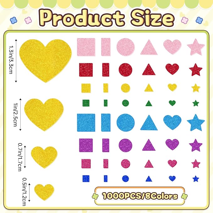1000Pcs Glitter Foam Stickers, Colorful Self Adhesive Geometric Foam Stickers