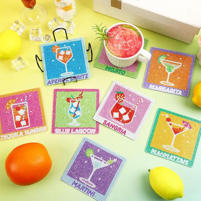 UPINS 8Pcs Cocktail Diamond Art Coasters, Summer Beach Diamond Art Coasters