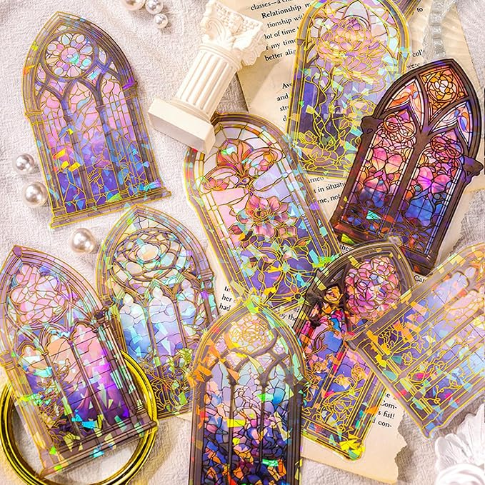 Holographic Transparent Glitter Stickers, 40 Pieces Window Frame Scrapbook Junk