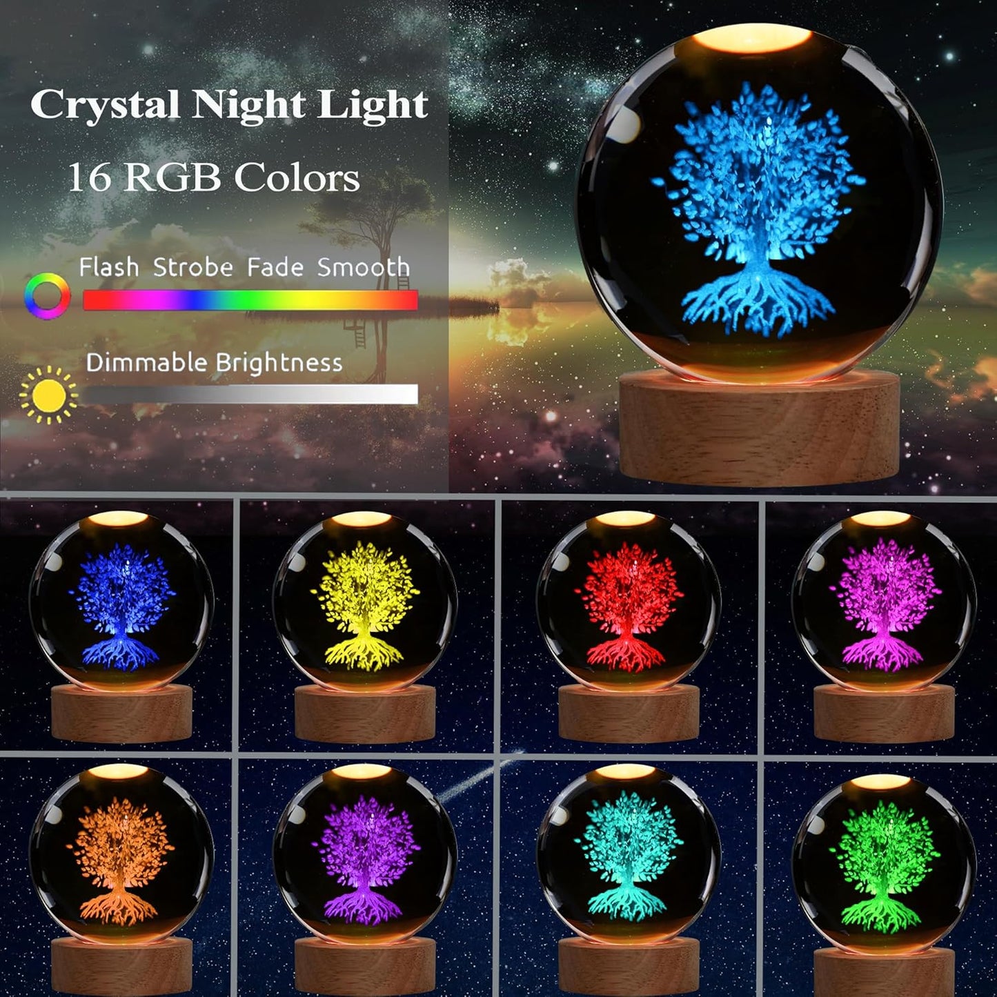 Tree of Life Crystal Night Light, Tree of Life Gifts, K9 3.15 Inch(80mm) Crystal Ball Night Light with 16 Colors Remote Upgraded Lamp for Birthday Xmas Plant Sphere for Room Decor Boys Girls