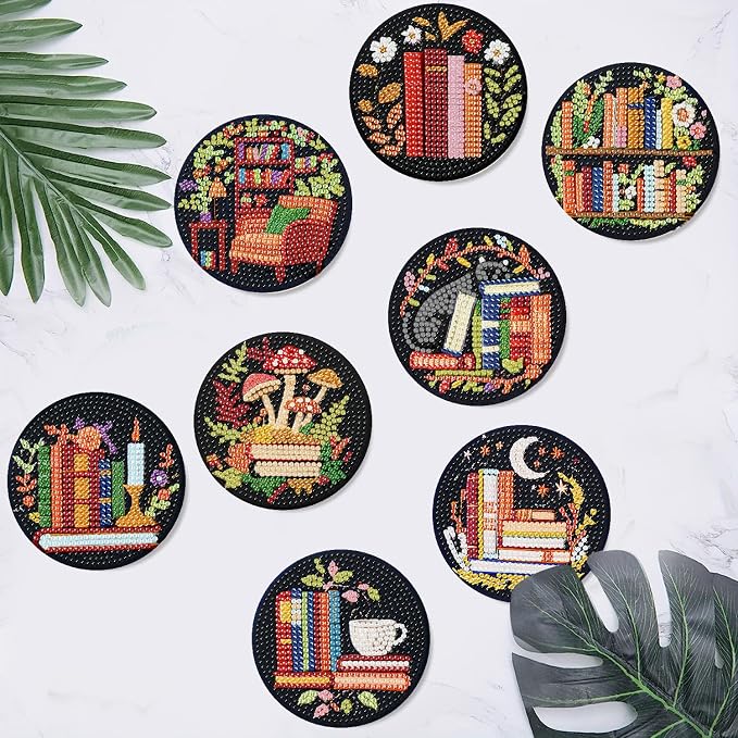 8 Pcs Bookshelf Diamond Art Coasters Kit