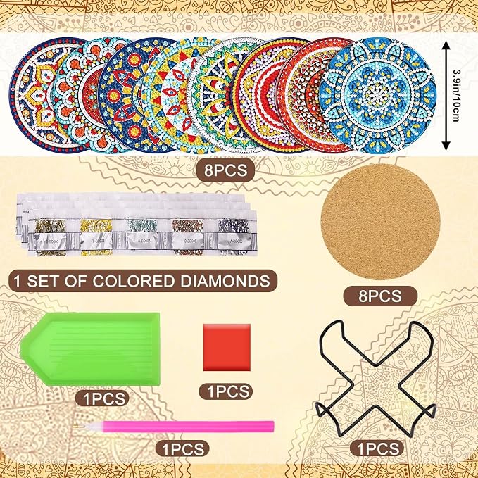 UPINS 8Pcs Mandala Diamond Art Painting Art Coasters Kits