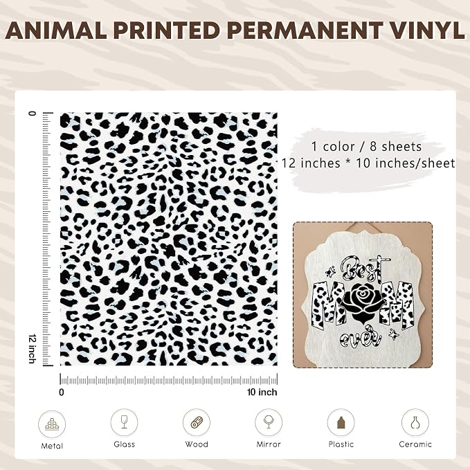 Tintnut Leopard Permanent Vinyl 8 Pcs 12x10in Black White Adhesive Vinyl |