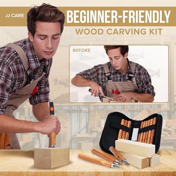 JJ CARE Wood Carving Kit, 10 Basswood Blocks, 1 Grinding Stone & Storage Case
