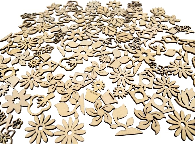 100 Pcs Unfinished Wooden Mixed Decorative Cutouts, Scrapbooking & Art Projects