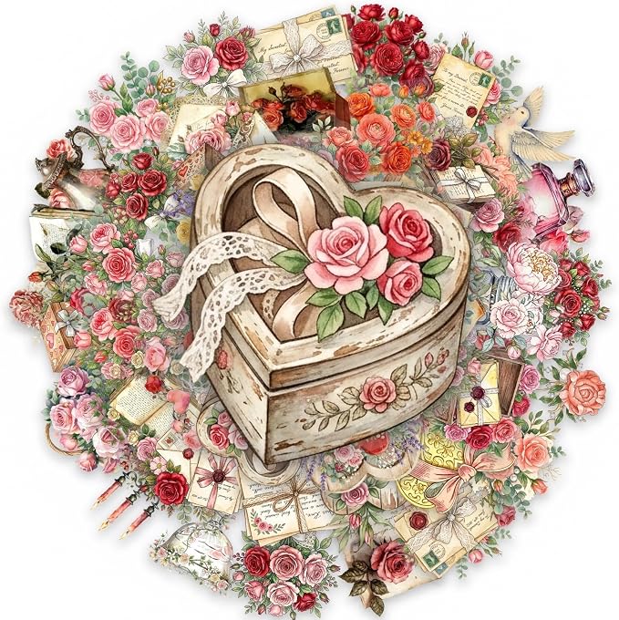 50PCS Vintage Rose Flower Stickers, Retro Love Letter Floral Decals, Waterproof