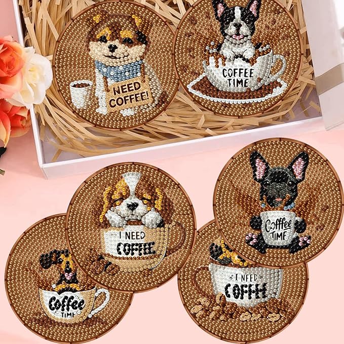 8 Pack Diamond Art Coasters, Coffee Dog Diamond Painting Coasters Kits | Dog