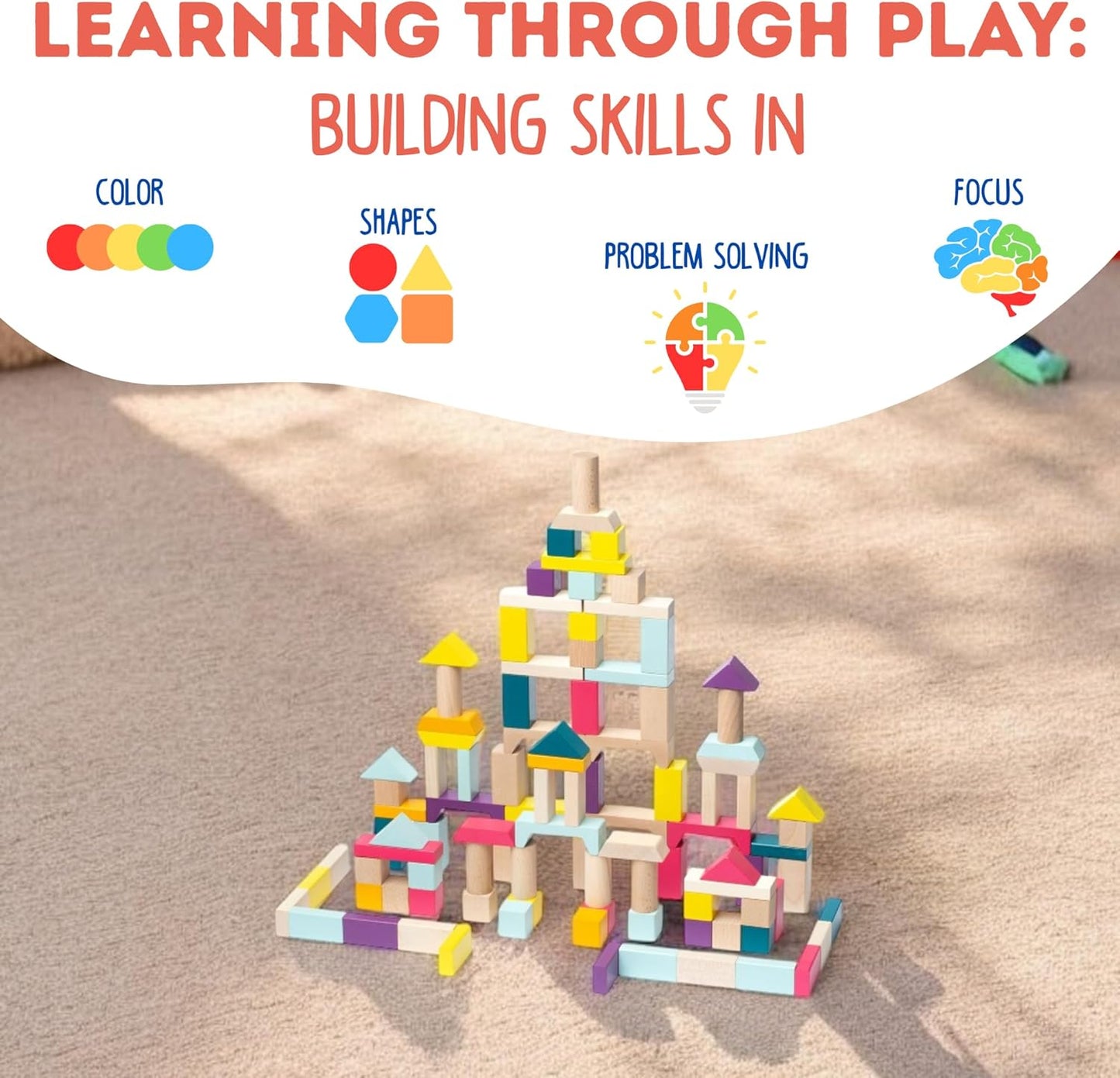 CUBIKA 100 Piece Wooden Blocks Construction Kit– Montessori-Inspired Stacking Toy for Toddlers and Kids– Durable Wooden Blocks for Creativity, Fine Motor Skills, and Early Learning