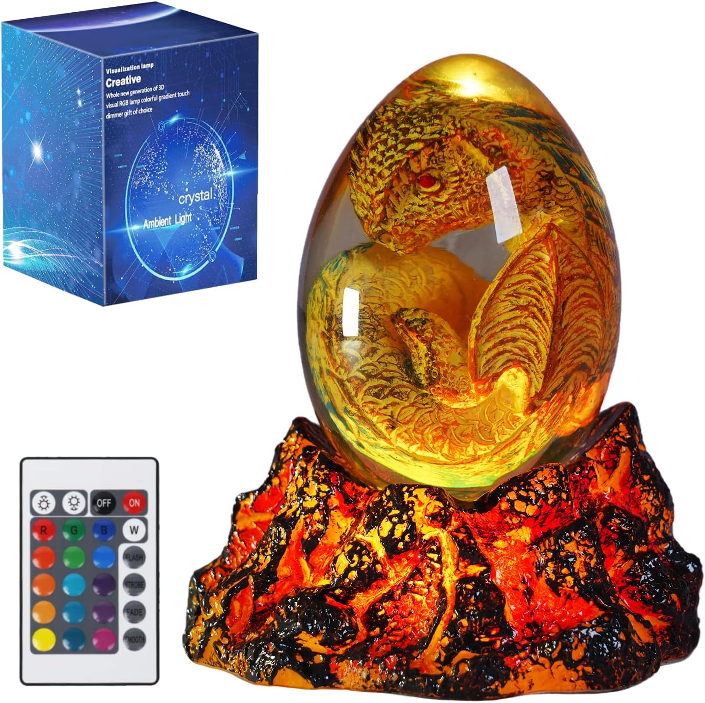 Dragon Night Light, Resin Dragons Lamp with Upgraded Volcanic Lava Base, Remote 16 Colors Flshing RGB Dimmmable for Birthday Xmas Cool Figurines Dragon Gifts for Room Decor Boys Girls