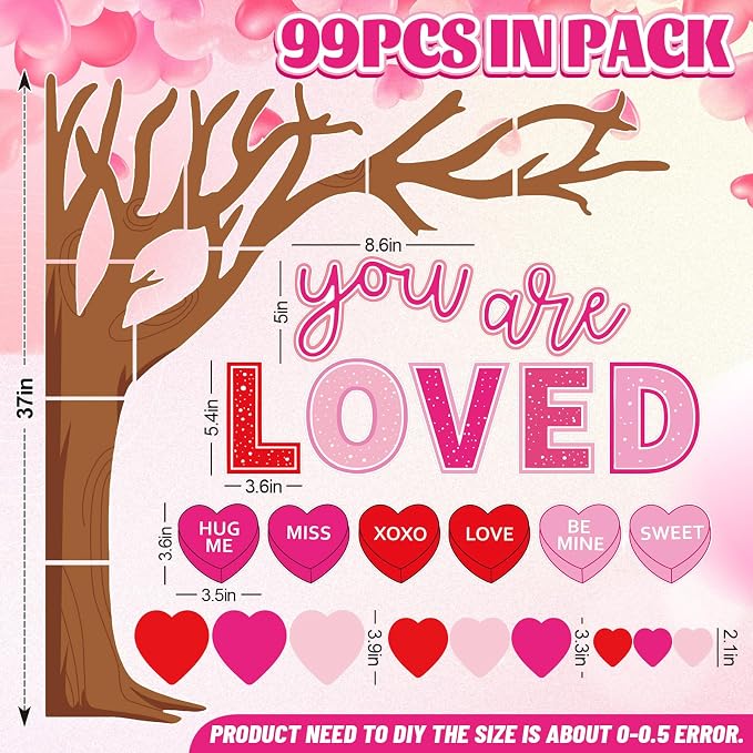 Whaline 99Pcs Valentine's Day Tree Bulletin Board Decoration Red Pink Heart