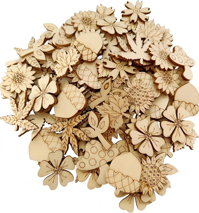 100 Pcs Unfinished Wooden Cutouts Mini Nature Shapes | DIY Craft Supplies