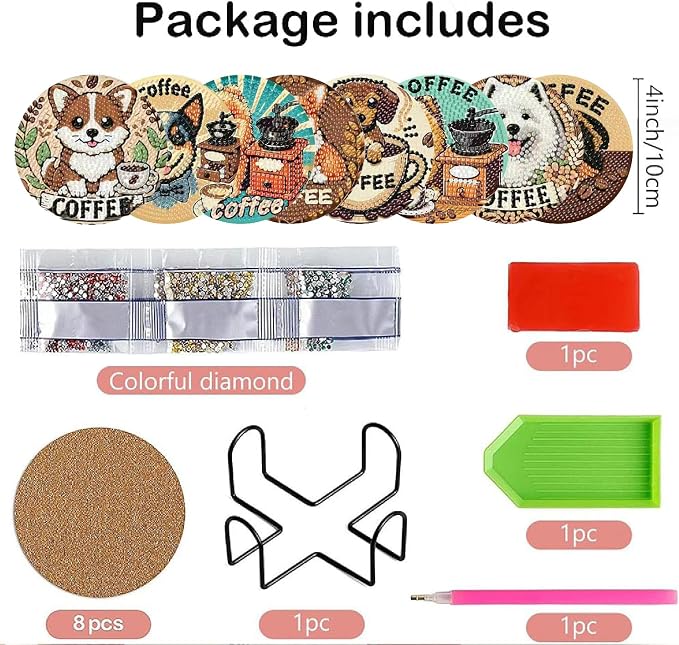 Clendo 8 PCS Coffee Dog Diamond Art Coaster Kits