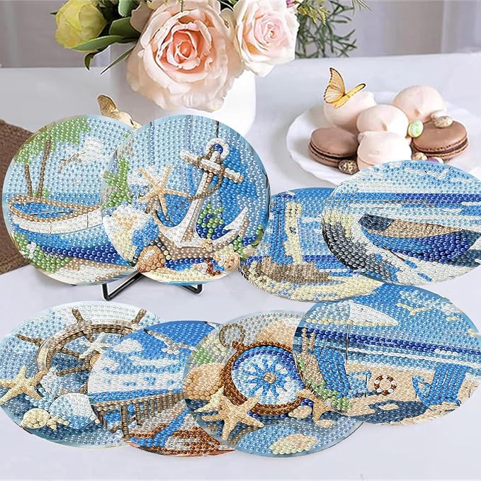 8 Pack Beach Diamond Art Coasters, Seaside Diamond Painting Coasters Kits |