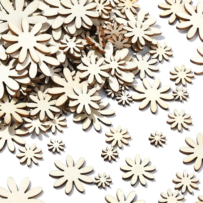 300 Pcs 6 Styles Wooden Flower Cutouts Unfinished Floral Wood Hanging Ornaments