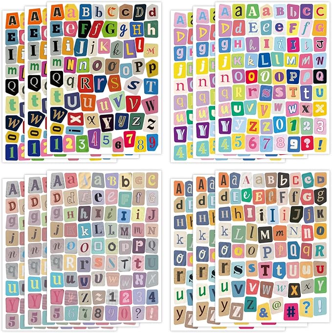 828 PCS Letter Stickers for Scrapbooking, 12 Sheets Magazine Alphabet Stickers