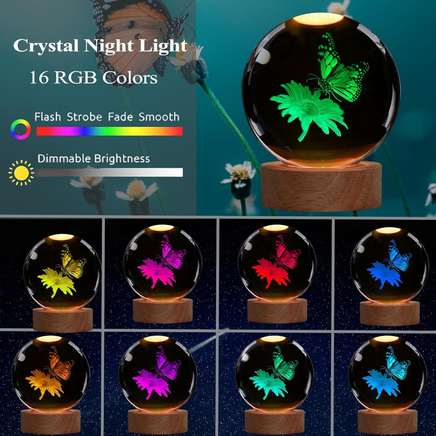 Butterfly Crystal Night Light, Butterfly Gifts, K9 3.15 Inch（80mm） Crytstal Lamp with 16 Colors Remote Upgraded Lamp Gifts for Women Wife Girlfriend