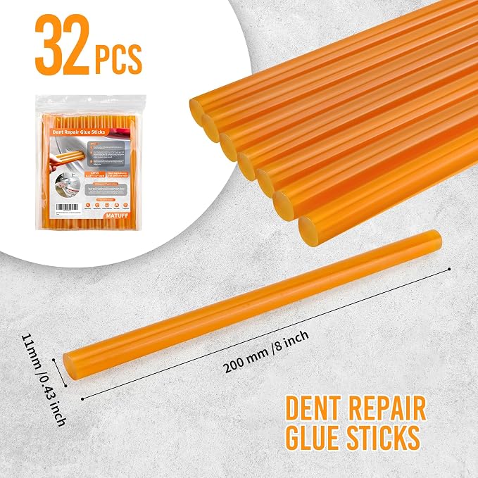 32 Pcs Dent Repair Glue Sticks, 0.43” Dia x 8” Long Yellow Hot Glue Sticks