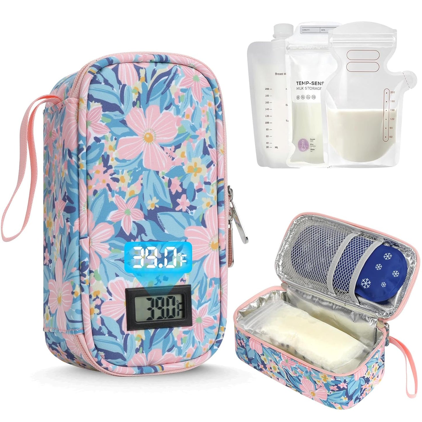 YOUSHARES Breastmilk Cooler Travel Bag with Digital Thermometer, Small Insulated Baby Milk Storage with 2 Ice Packs, Daycare and On-The-Go Moms （Pastel Flowers）