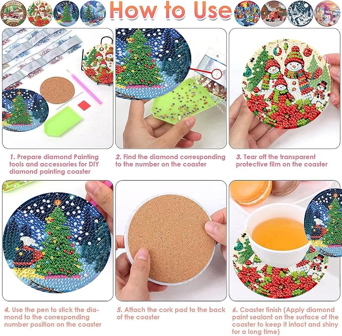 ijbnhd 8 PCS Christmas Diamond Art Coasters Kit Diamond Painting Coasters |