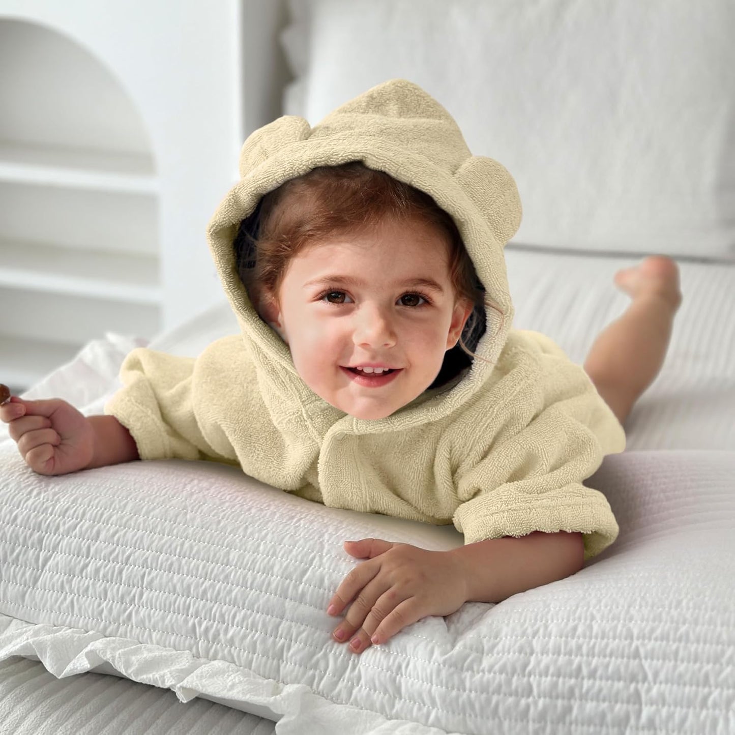 VOOVA & MOVAS Baby Hooded Towel with Bear Ear, 0-3Years | 100% Cotton, Ultra-Soft & Absorbent | Gentle for Sensitive Skin, Bath, Pool & Beach Towel | Newborn (Beige)