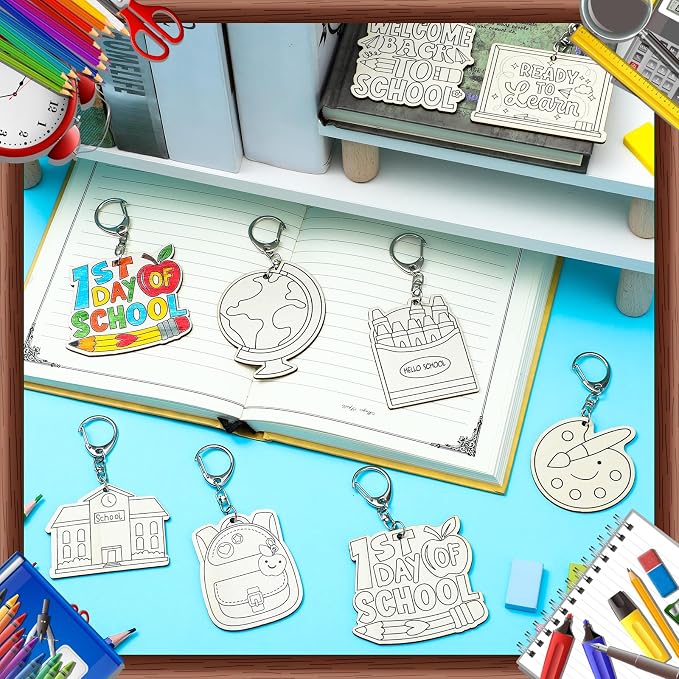 RattanView 24 Pcs Back to School Craft Color Your Own Keychains Diy Craft