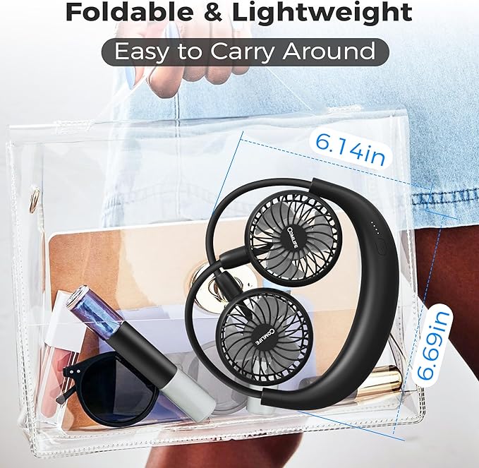 COMLIFE Portable Neck Fan, 5000mAh Rechargeable Battery Powered, 3 Speeds, 360°Adjustable, Double Cooling, Hands-Free Personal Wearable USB Neckband Fan for Home Office Outdoor Travel Sports