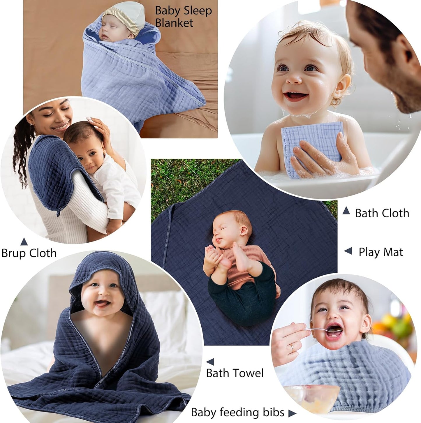 VitalCozy 6 Pcs Baby Muslin Hooded Bath Towels and Washcloths, 32 x 32 Inch Muslin Cotton Hooded Baby Towels Absorbent Hooded Blankets for Gift Newborn Infant Shower (Dark Blue,Light Blue)