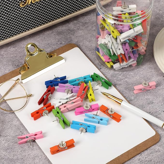 SANNIX 50Pcs Wooden Push Pin Clips, Bright Thumb Tack Clips