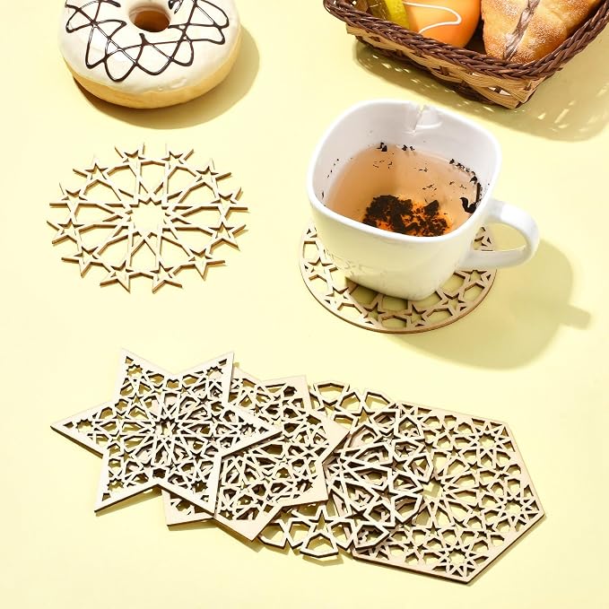 12 pcs 6 Styles Hollow Star Theme Wooden Drink Coasters Snowflake Hexagon