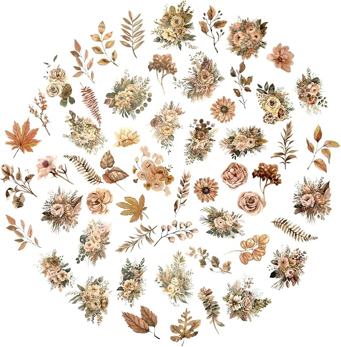 100 Pcs Autumn Flower Stickers for Scrapbooking Junk Journal Card Making