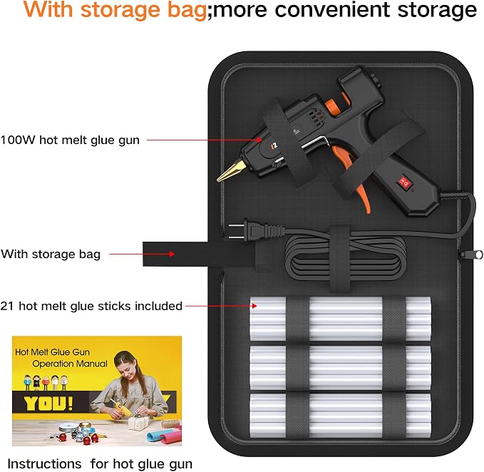 IZIO Hot Glue Gun with 21 Glue Sticks7/16") &Storage Pouch - 100W Fast Heating