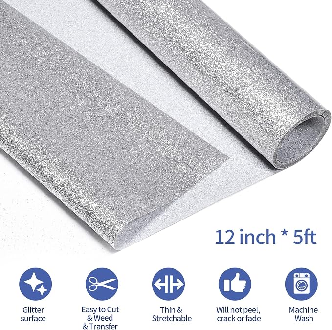 VINYL FROG Glitter HTV Vinyl Heat Transfer Vinyl Roll 12" x 5ft Silver Iron on