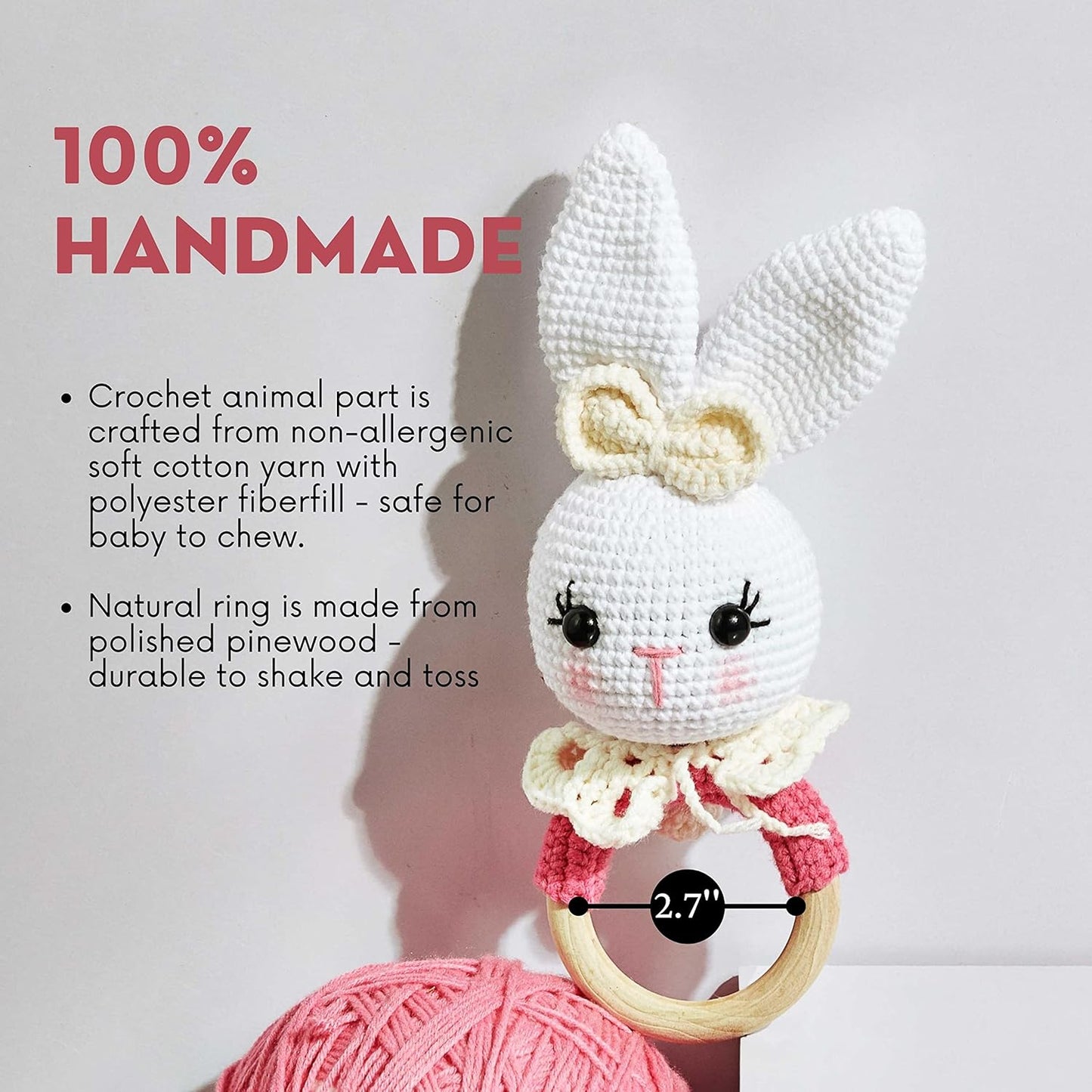 Chippi & Co Crochet Baby Rattle, Crochet Baby Toys, Stuffed Baby Doll, Organic Wooden Newborn Toys, Knitted Stuffed Animals for Babies Boy, Girl, Baby Shower Gifts for New Mom, Dad (Rosie Bunny)
