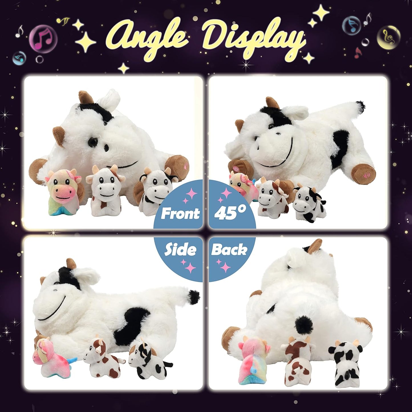 Hopearl LED Musical Stuffed Cow Lighting Up Singing Plush Toy Playset Mommy Cow with 3 Baby Dairy Cows in her Tummy Adjustable Volume Lullaby Animated Soothe for Mom Kids, 15''