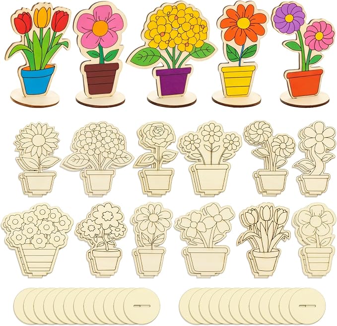 24 PCS Wooden Flower Crafts to Paint, Unfinished Wooden Flowers Spring Slices