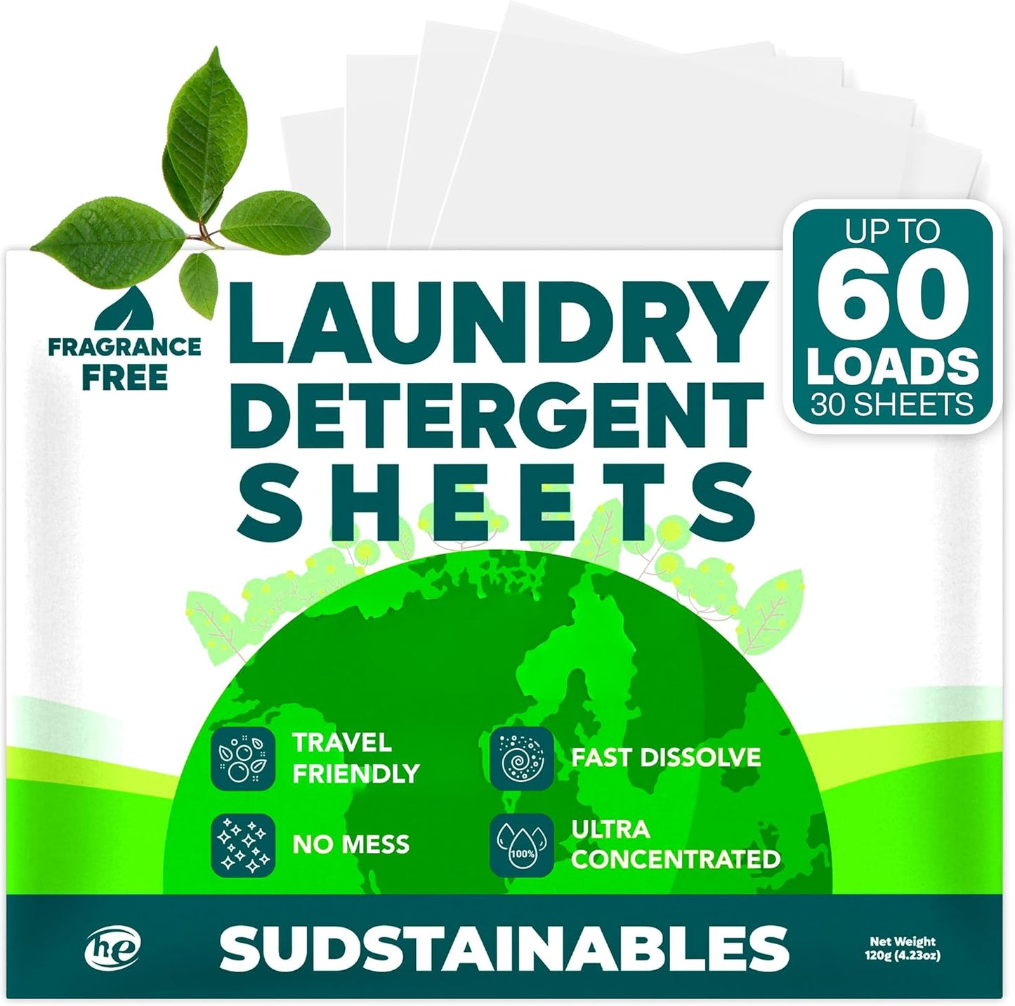 Sudstainables Laundry Detergent Sheets 60 Loads – Dissolvable Laundry Sheet for Washing Machines, Compact Alternative to Liquid & Powder Detergent, Travel-Friendly Soap | Fragrance Free