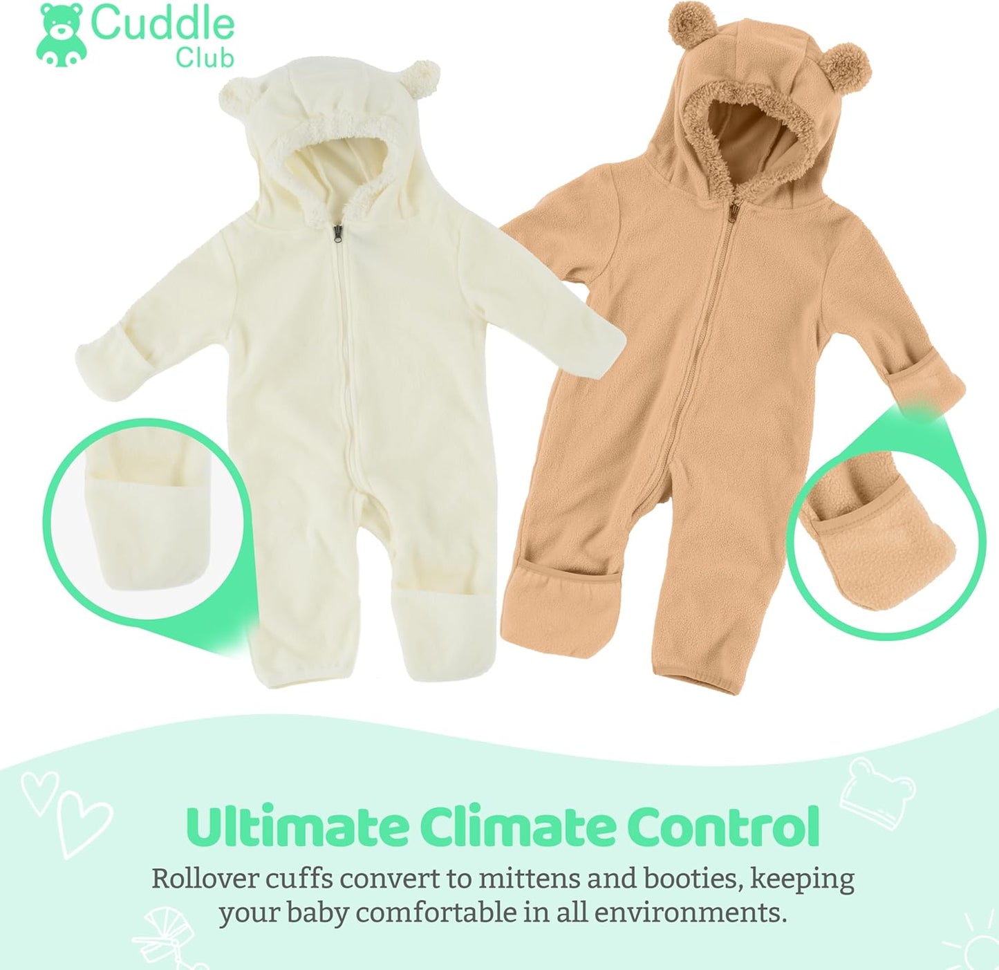 Cuddle Club Fleece Baby Bunting Bodysuit with Hood, Convertible Mittens & Booties, Car Seat Friendly, Soft & Warm, Easy Zip