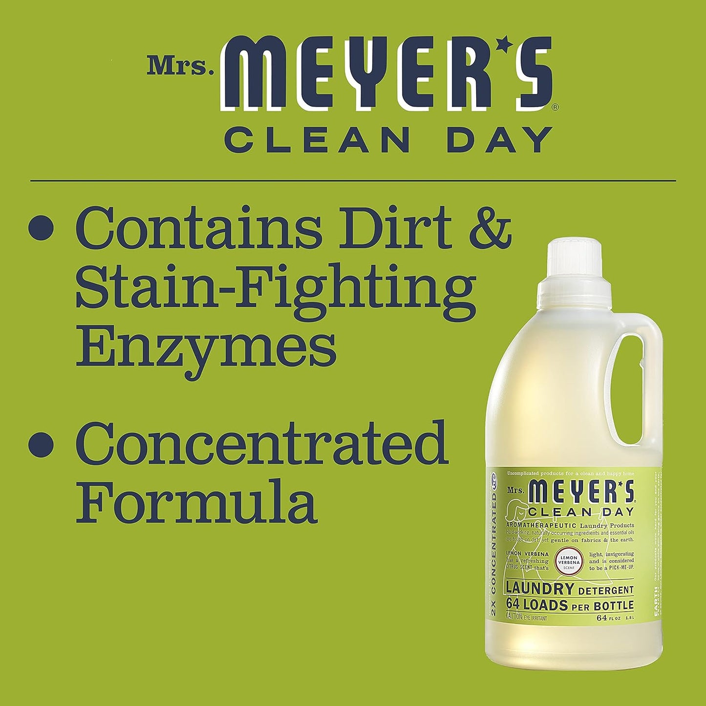 MRS. MEYER'S CLEAN DAY Liquid Laundry Detergent, Infused with Essential Oils, Lemon Verbena, 64 oz - Pack of 2 (128 Loads)