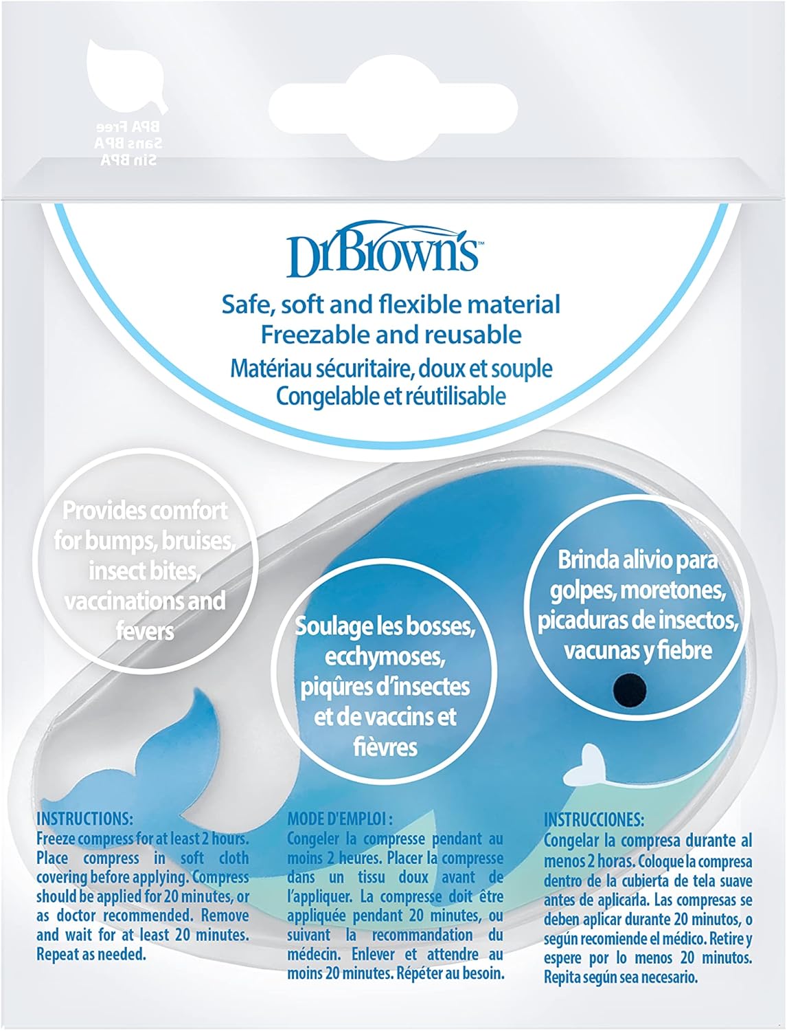 Dr. Brown's Cold Comfort Compress Baby Ice Pack, Freezable Reusable First Aid Pain Relief for Kids, Polar Bear and Whale, BPA Free – 2-Pack